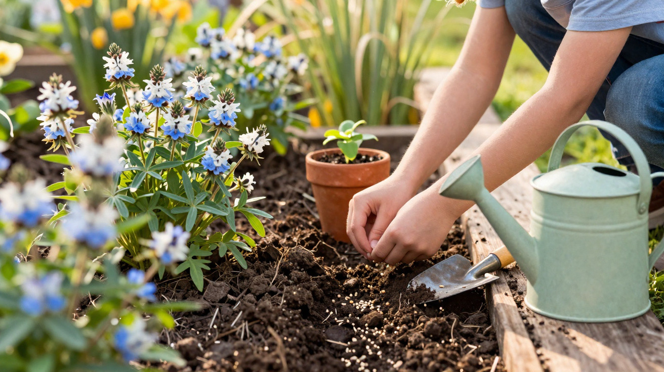 Pessoa a plantar sementes numa cama de terra num jardim com flores azuis e regador verde.