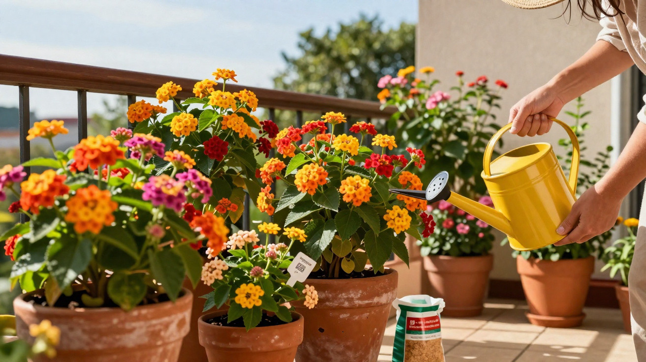 Pessoa a regar flores coloridas em vasos de barro num terraço ensolarado.