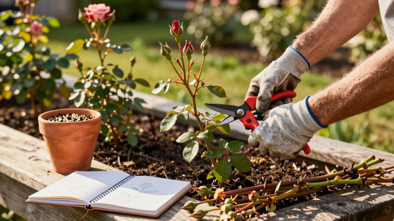 Pessoa a podar uma planta de rosas num canteiro, com caderno de desenhos e paus de poda ao lado.