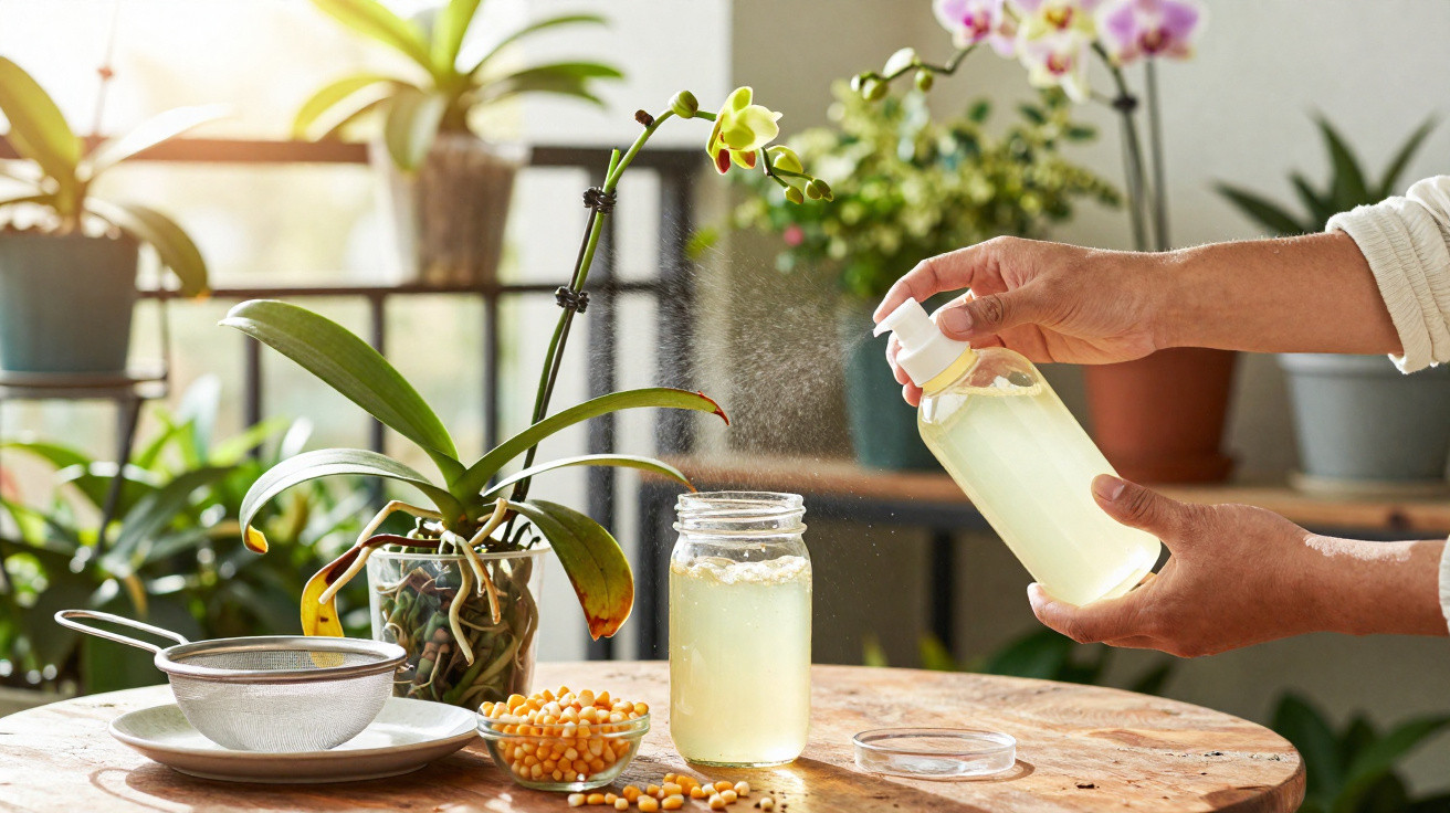 Mãos a pulverizar líquido caseiro numa orquídea, com utensílios e plantas ao fundo numa mesa de madeira.