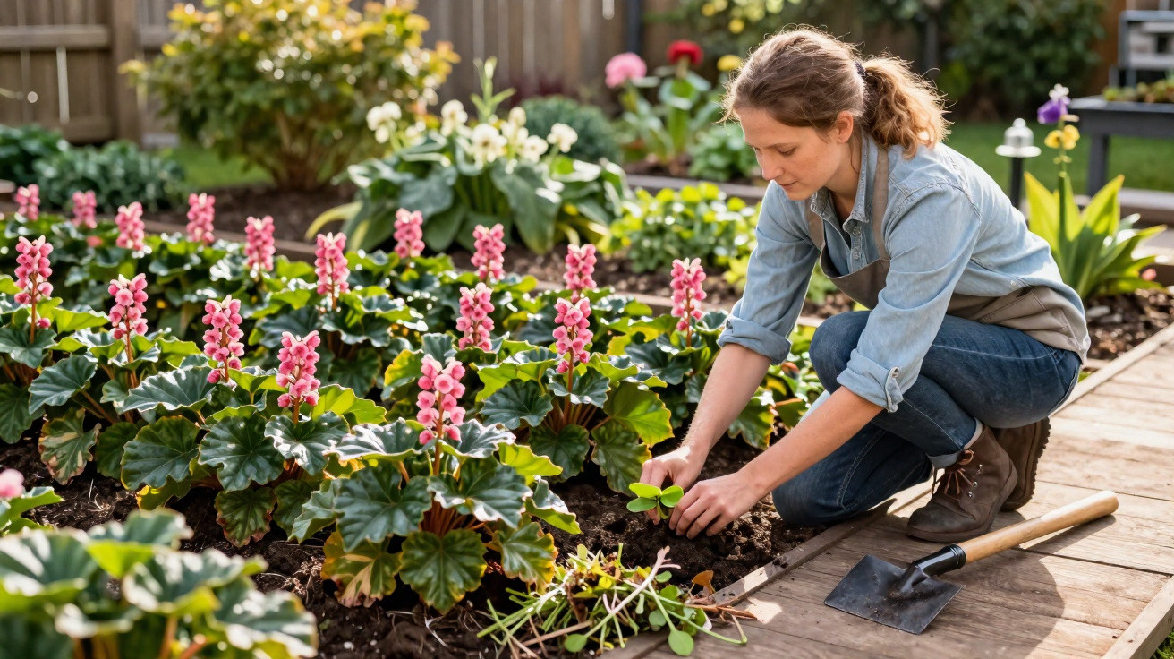 Mulher a cuidar de plantas com flores cor-de-rosa num jardim, agachada a plantar numa canteiro.