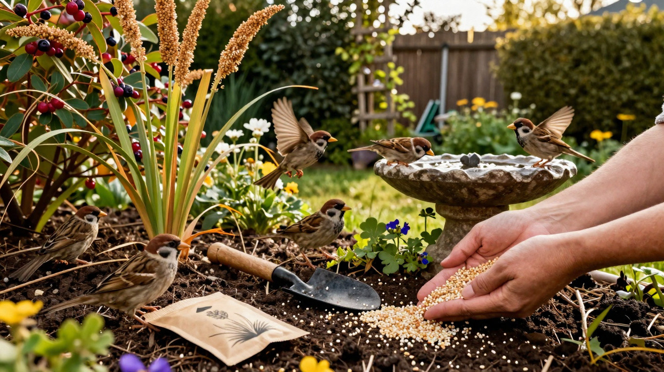 Mãos a espalhar sementes no jardim com pequenos pardais a voar e beber água numa bacia decorativa.