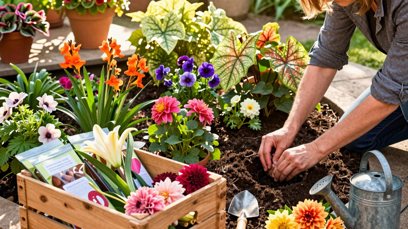 Pessoa a plantar flores num canteiro com várias flores coloridas e utensílios de jardinagem.