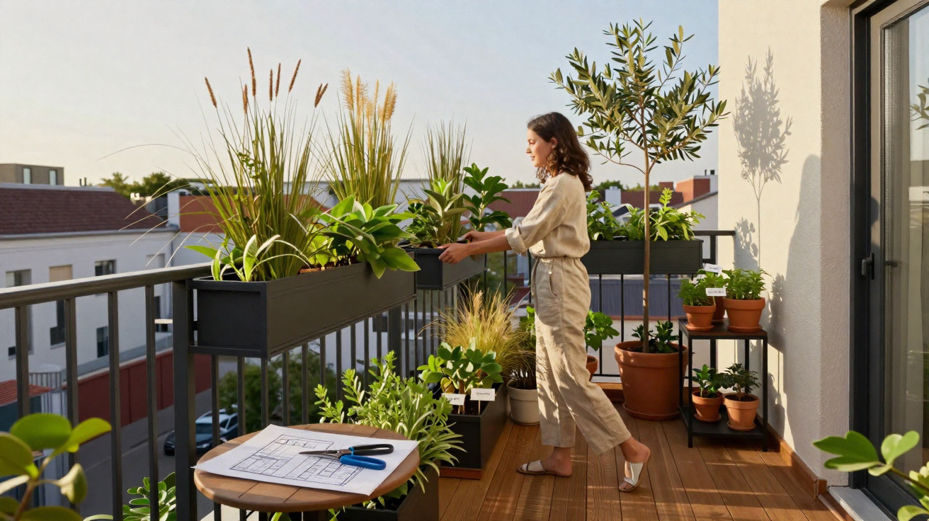 Mulher a cuidar de plantas numa varanda com vasos e jardim urbano ao pôr do sol.