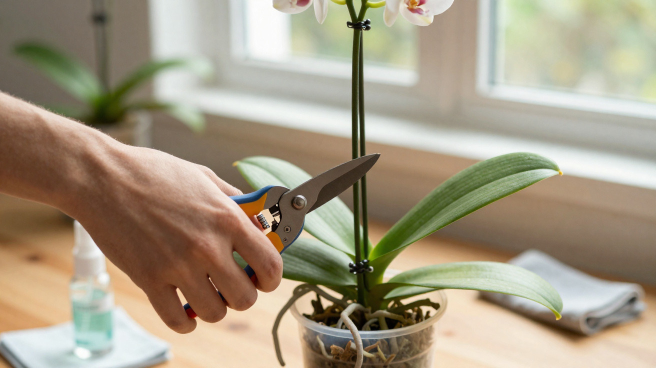 Pessoa a podar uma orquídea em vaso com tesoura de jardinagem junto à janela.