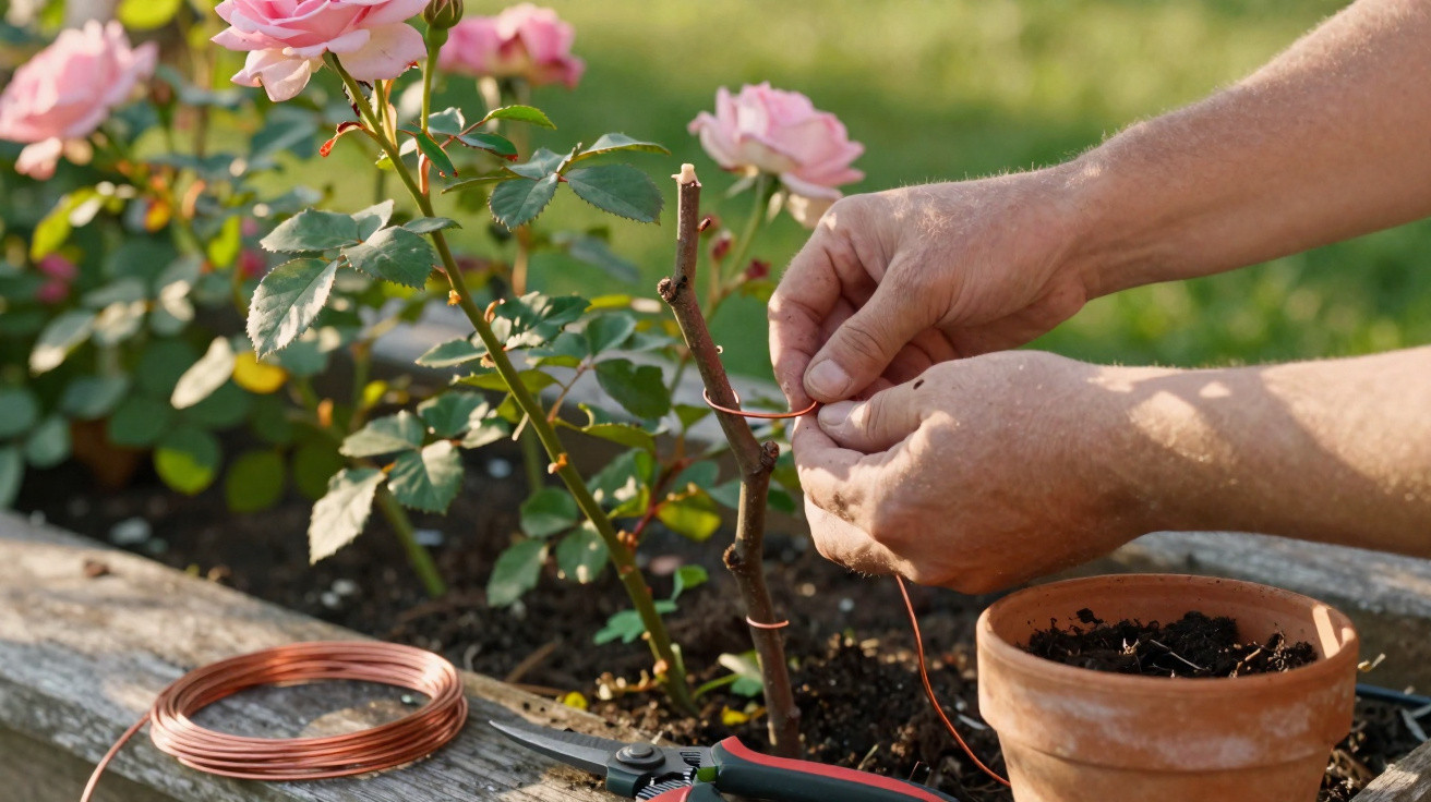 Mãos de pessoa a amarrar um ramo de roseira com arame num jardim soalheiro, junto a tesoura e vaso de barro.