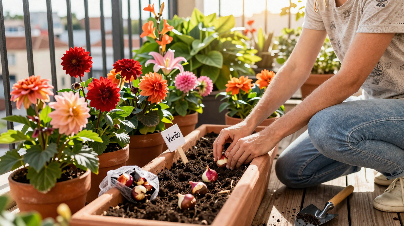 Pessoa a plantar bolbos de flores numa varanda com vários vasos coloridos ao sol.