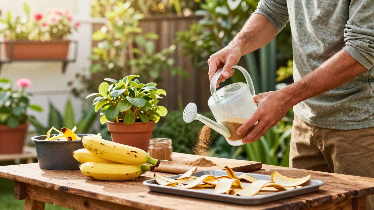 Pessoa a despejar pó de fertilizante numa regadora sobre cascas de banana numa mesa de madeira no jardim.