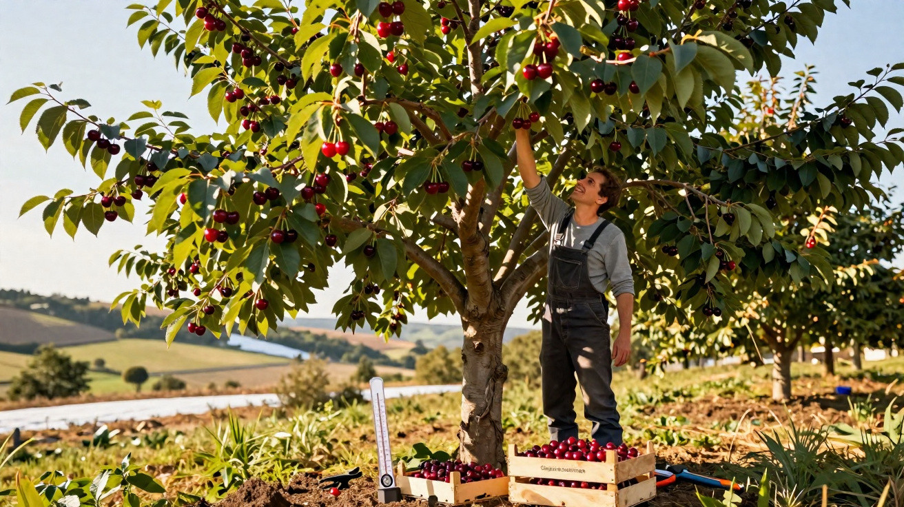 Homem a apanhar cerejas num pomar, com caixas cheias de cerejas à sua volta em dia solarengo.