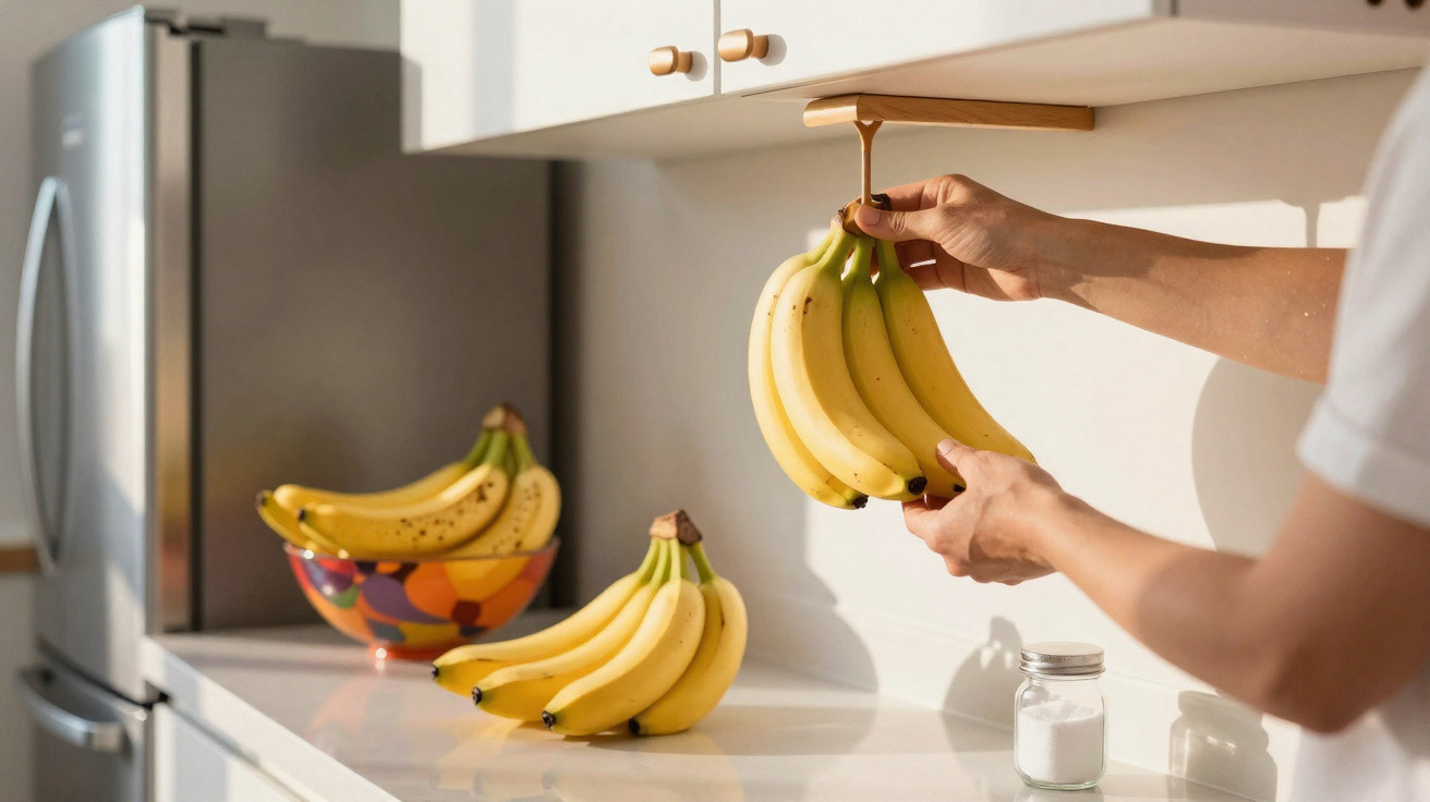 Pessoa a pendurar cacho de bananas em suporte de madeira numa cozinha iluminada por luz natural.