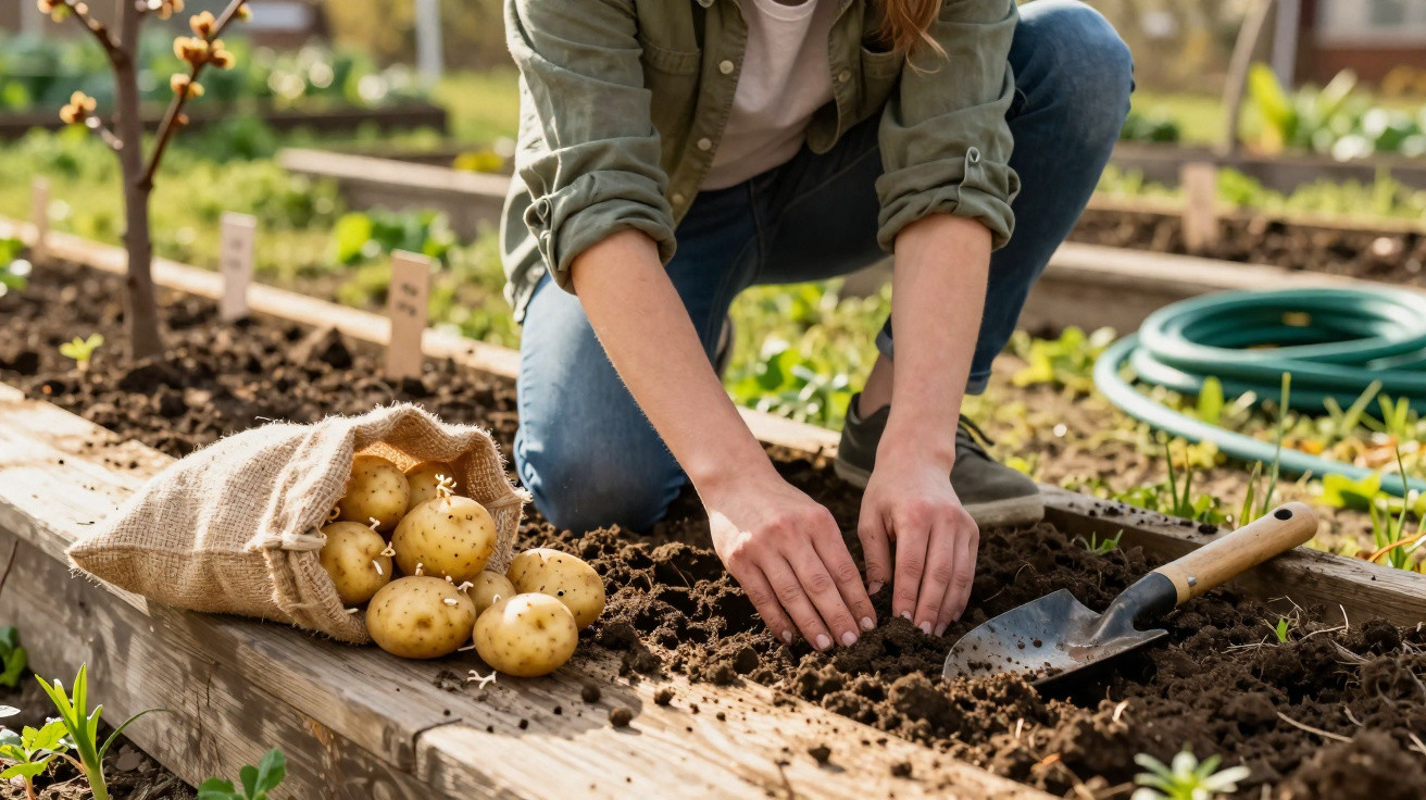Pessoa a plantar batatas numa horta, com batatas e uma pequena pá ao lado, em dia soalheiro.
