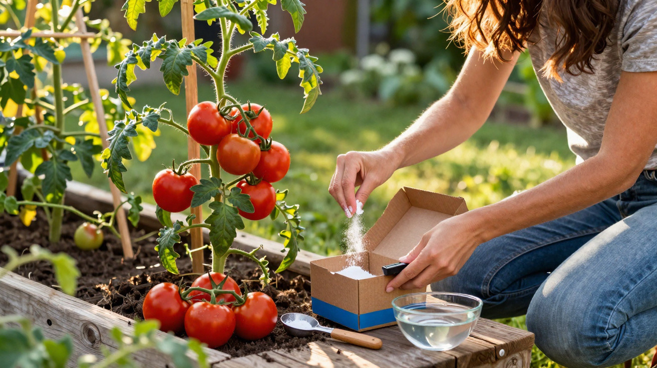 Pessoa a tratar planta de tomateiros num jardim, com tomateiros maduros e materiais de jardinagem.