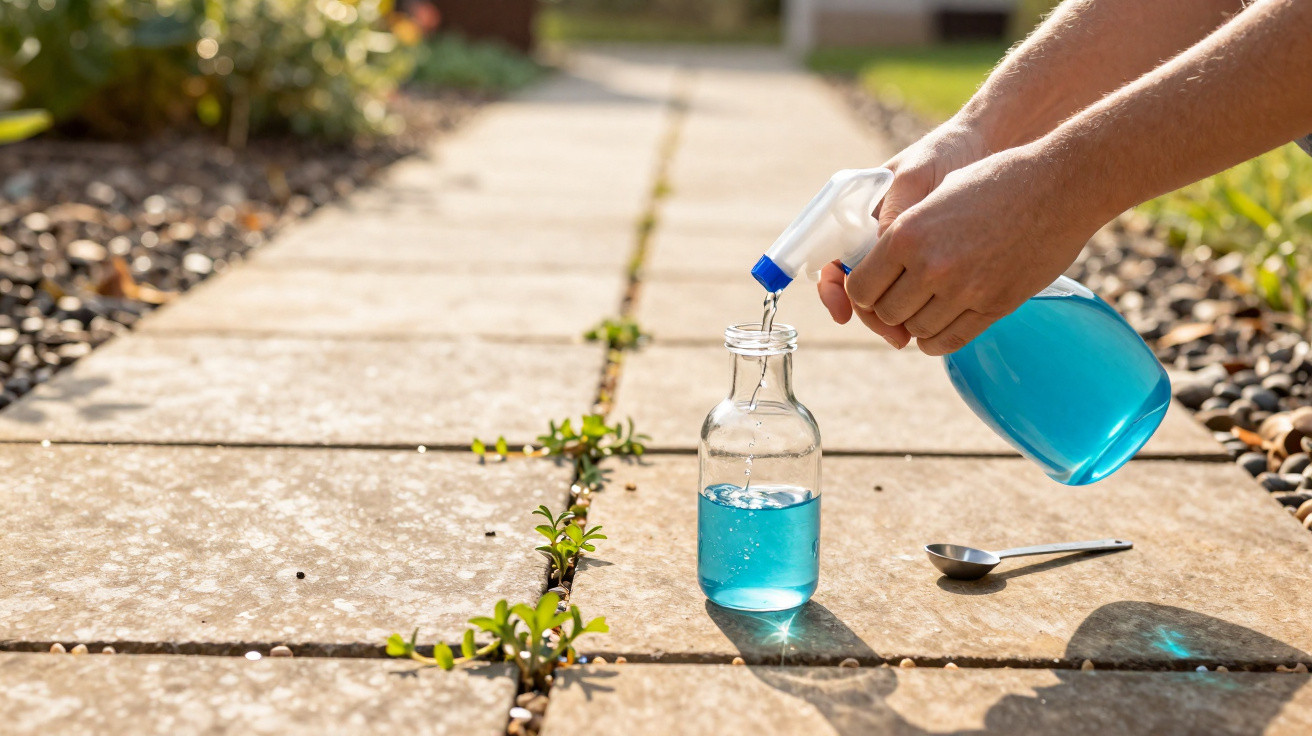 Pessoa a encher um frasco de vidro com líquido azul a partir de um pulverizador numa calçada exterior.