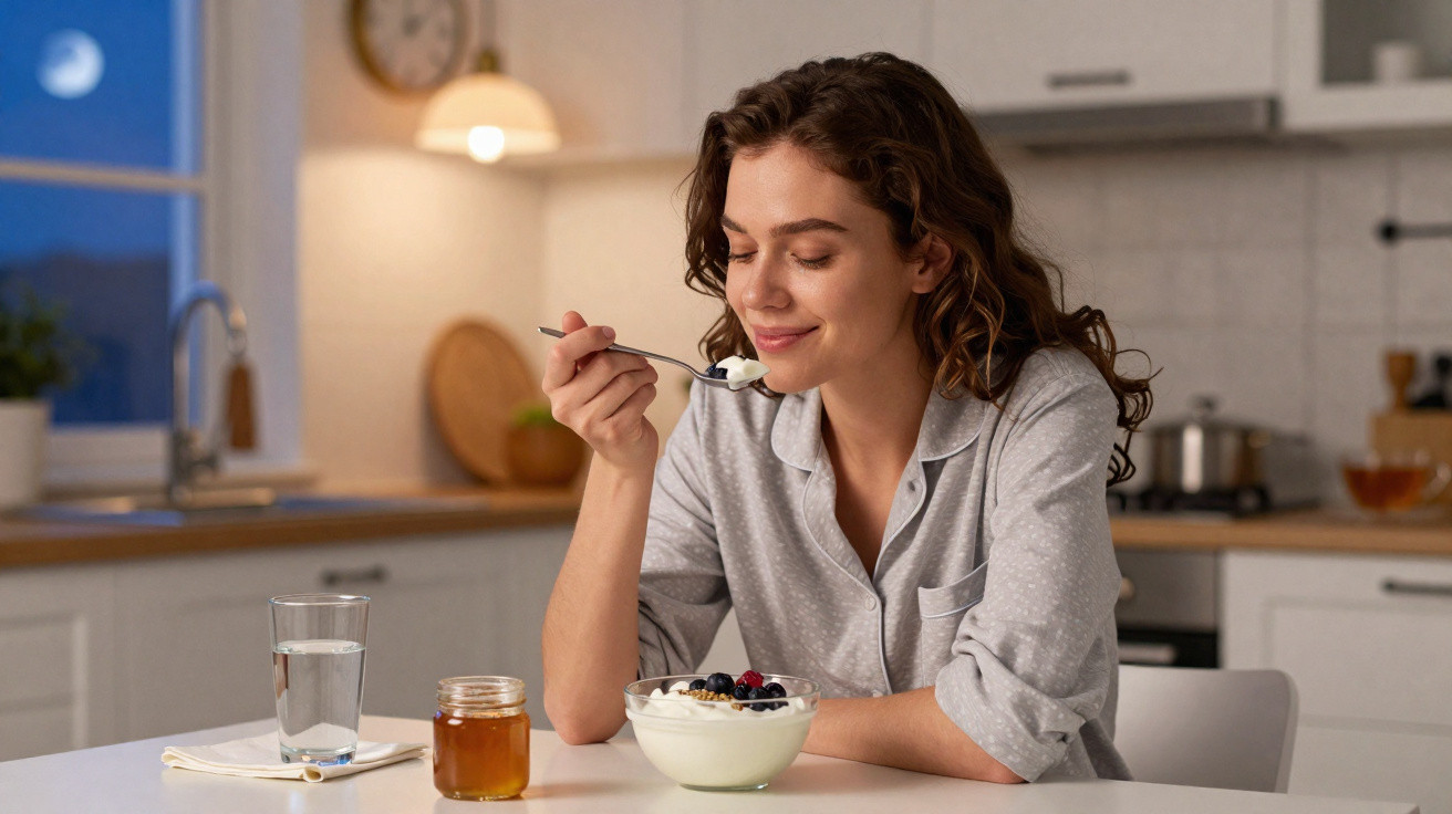 Mulher sorridente a comer iogurte com frutos vermelhos numa cozinha moderna à noite.