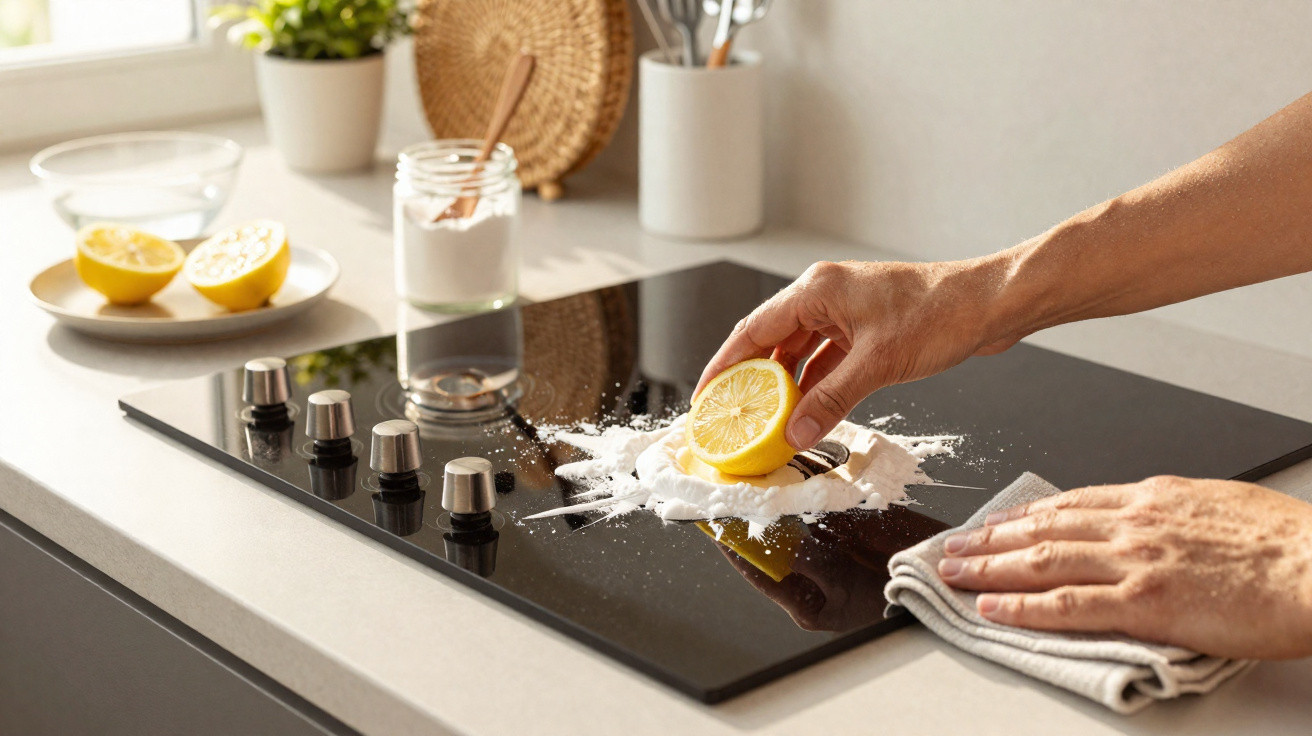 Mãos a limpar placa vitrocerâmica com meio limão e bicarbonato, acessórios de cozinha ao fundo.