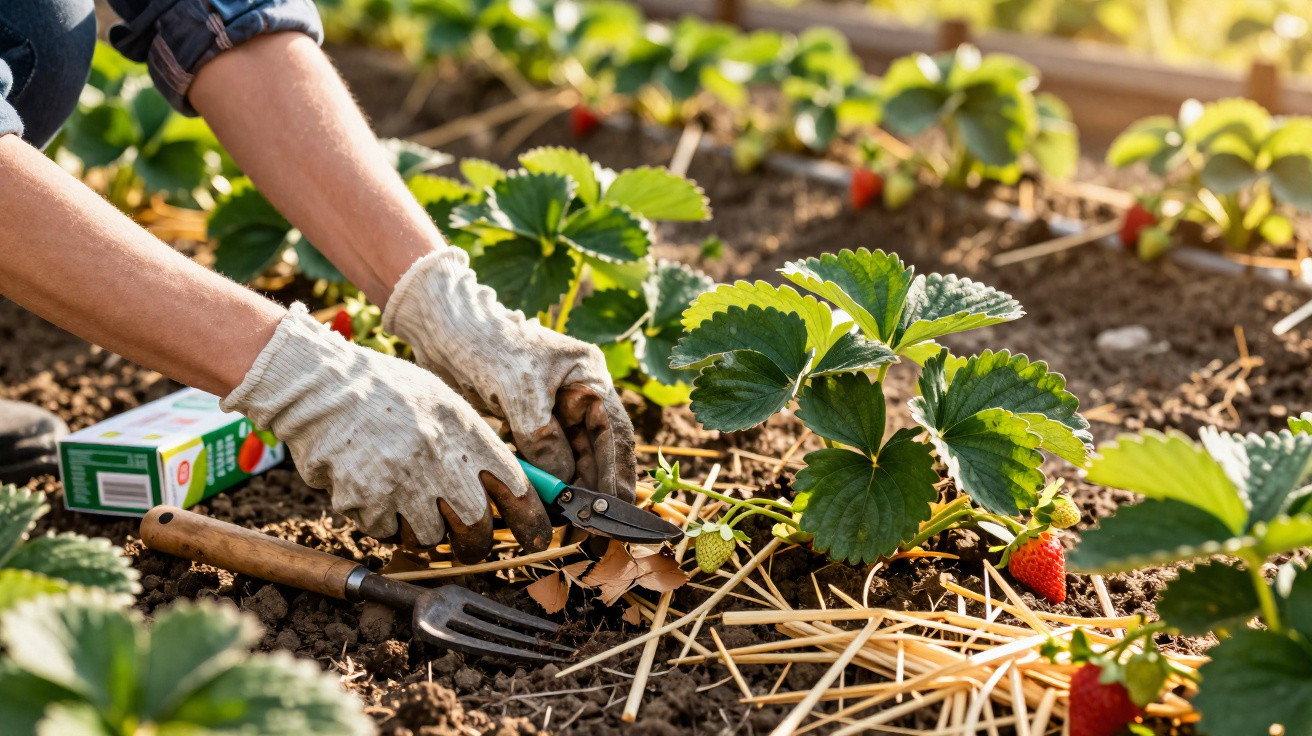 Pessoa a cuidar de plantas de morango num jardim, usando luvas e tesoura de poda.