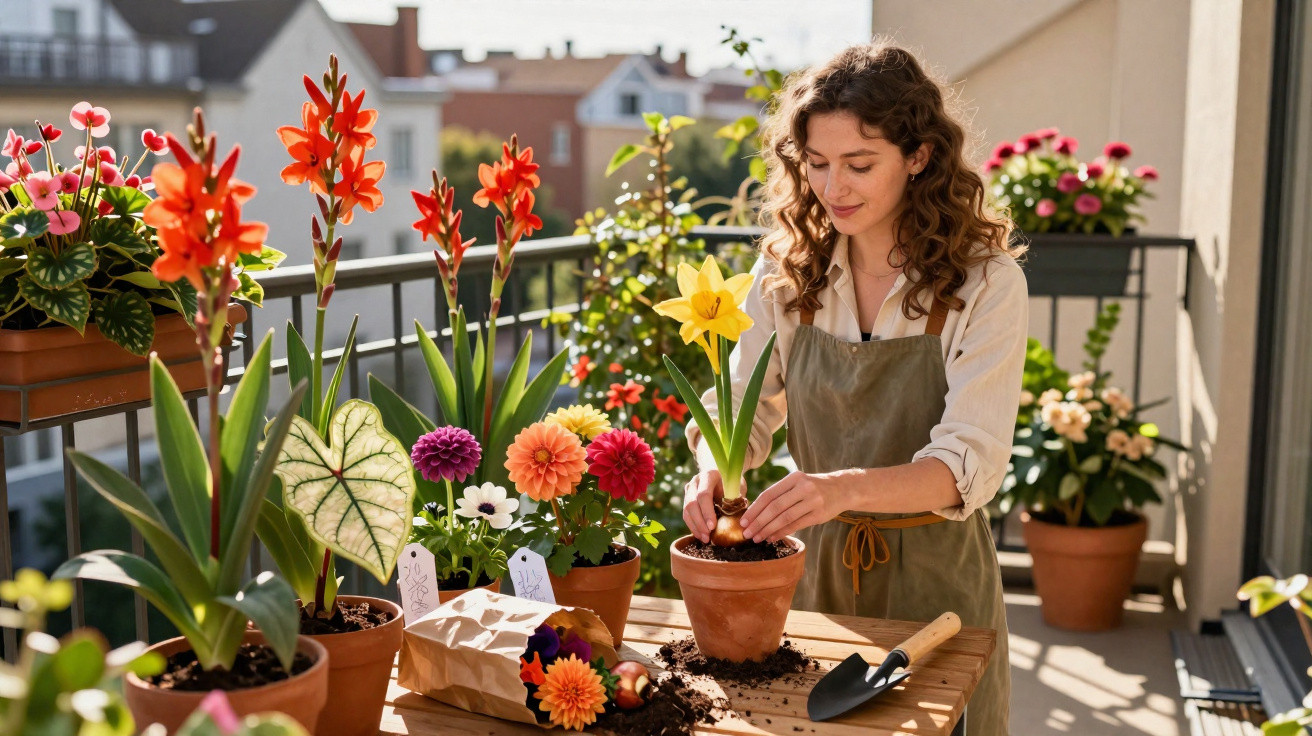 Mulher a tratar de flores num terraço urbano cheio de plantas coloridas em vasos.