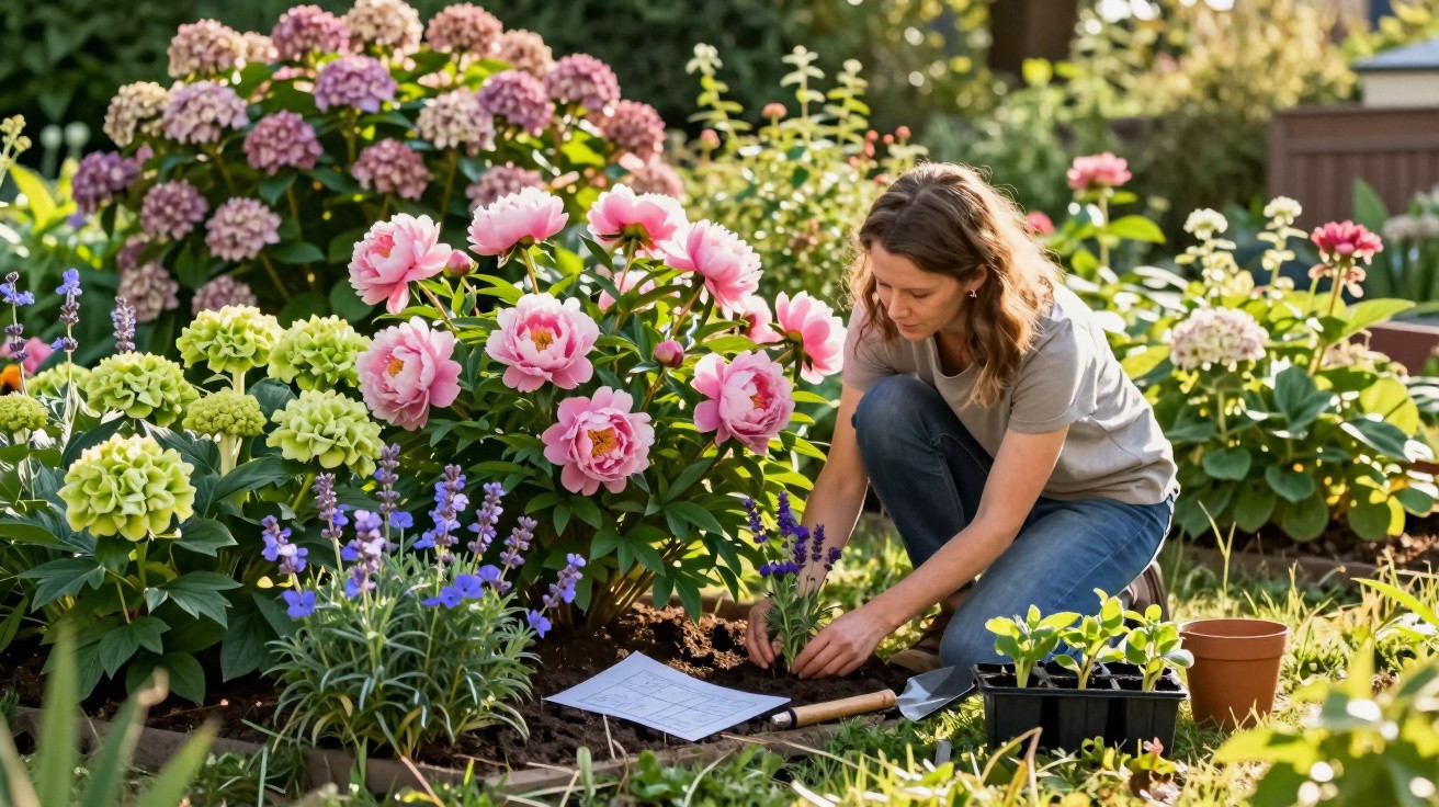 Mulher a cuidar de flores num jardim bem cuidado com peónias cor-de-rosa e plantas verdes.