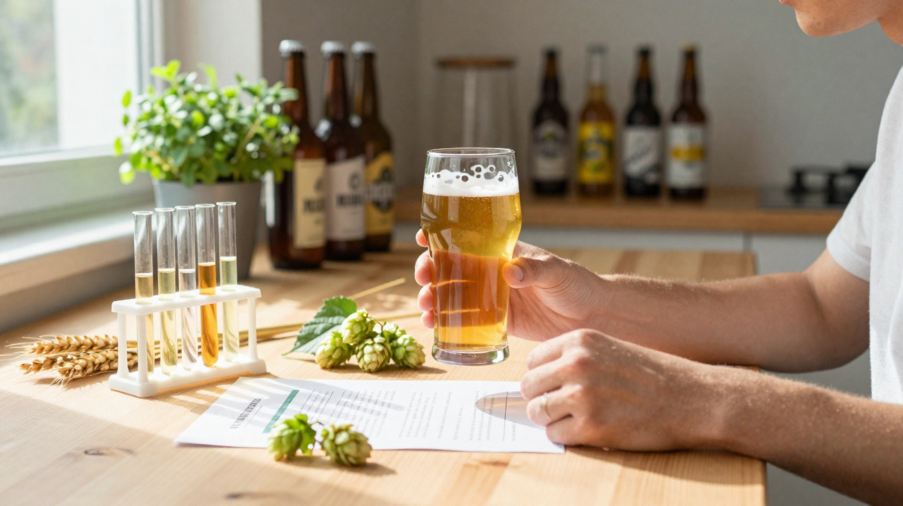 Pessoa a segurar copo de cerveja ao lado de amostras, lúpulo e espigas de cevada numa mesa de madeira.