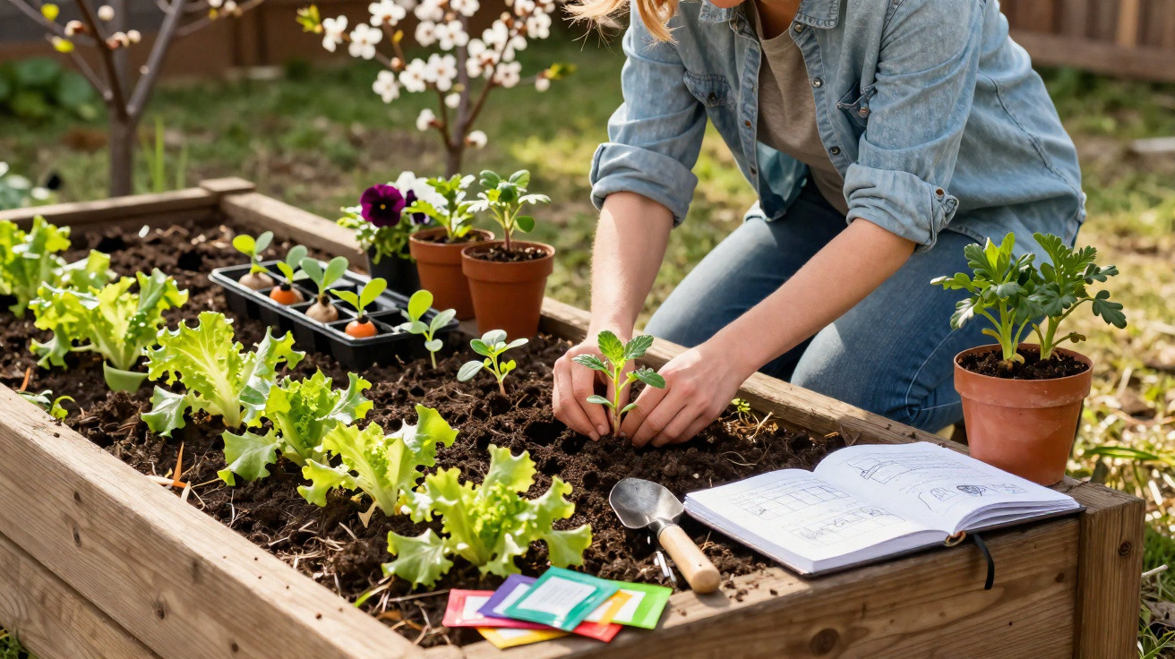 Pessoa a plantar muda numa horta elevada com várias plantas, ferramenta e cadernos abertos ao lado.