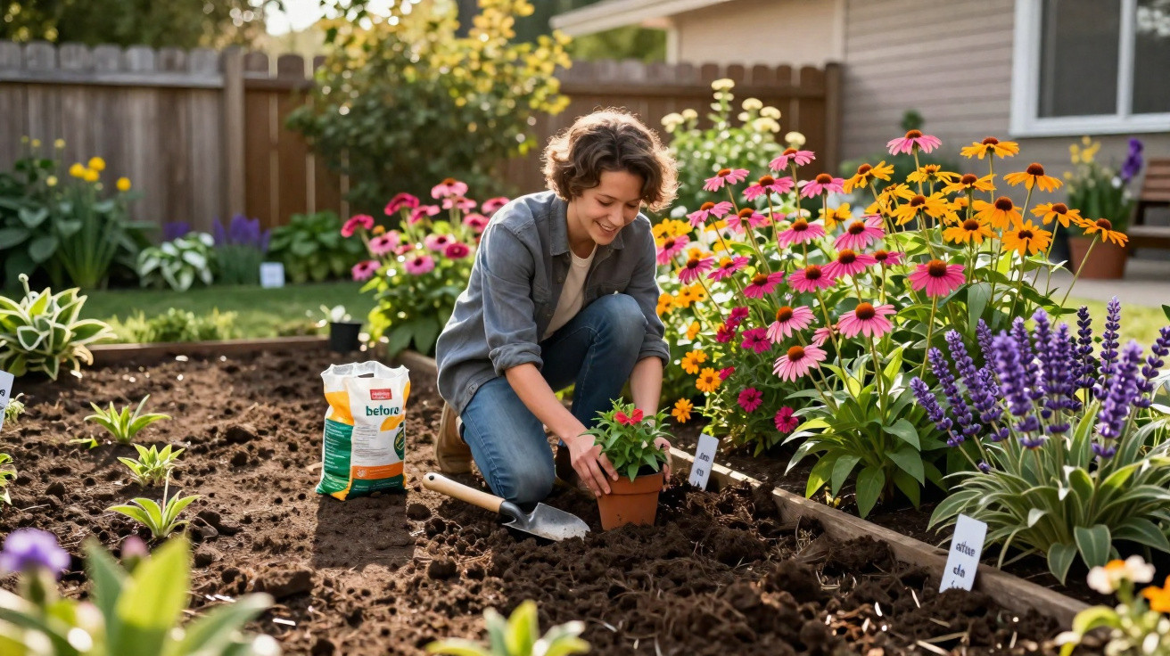 Pessoa jovem a cultivar flores num jardim com flores coloridas em redor numa tarde soalheira.