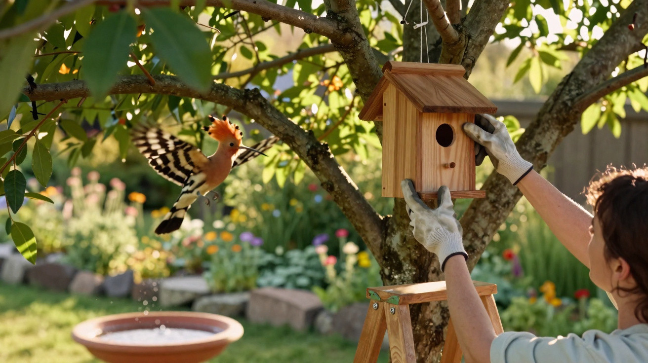 Pessoa a instalar uma casa de pássaros em árvore no jardim enquanto um pássaro voa próximo.
