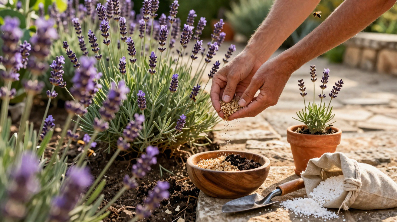 Mãos a adubar terra junto a plantas de lavanda num jardim com ferramentas e saco de adubo.