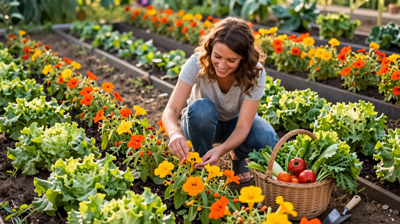 Mulher a cuidar de flores laranja numa horta com cesta cheia de legumes frescos ao lado.