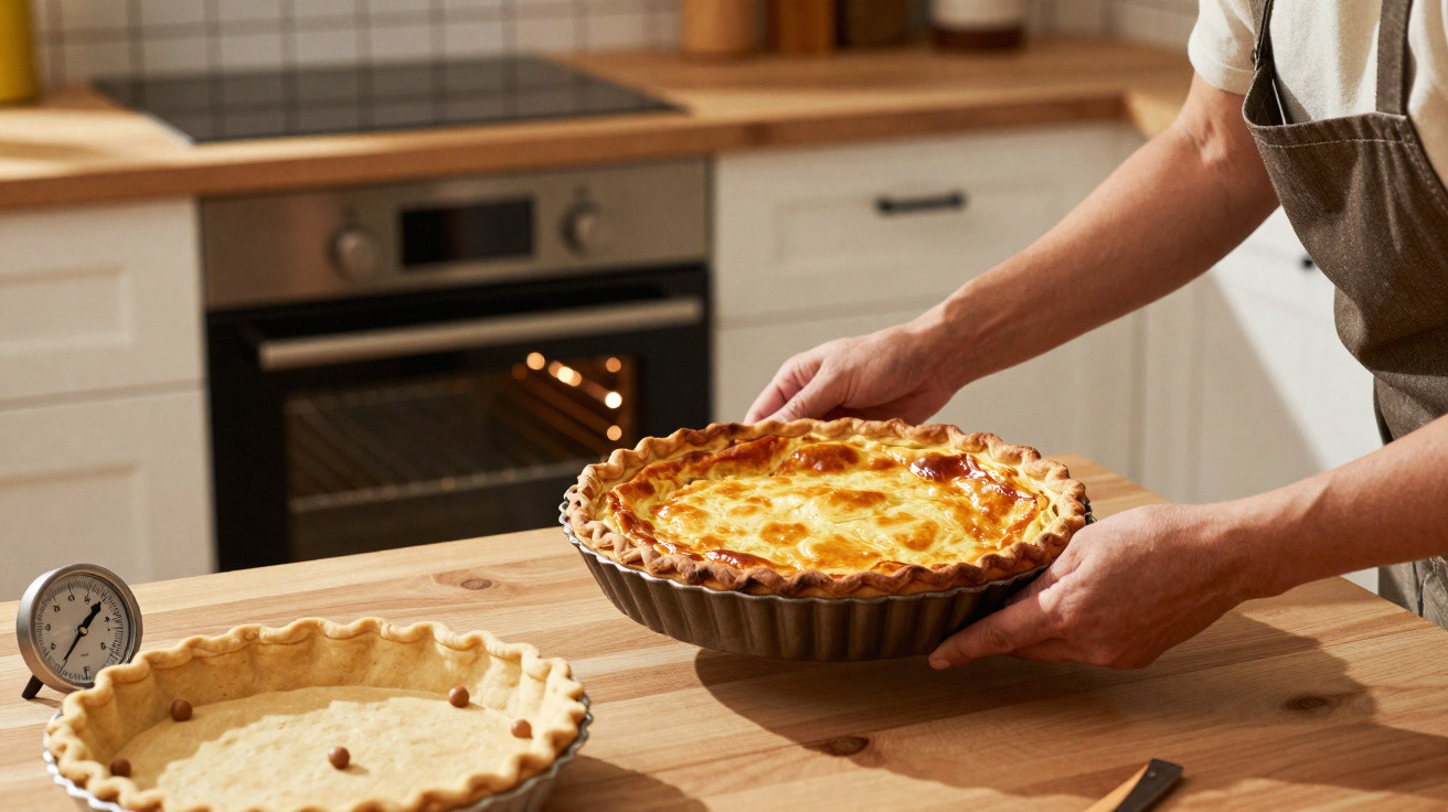 Pessoa a tirar tarte de forno numa cozinha com bancada em madeira e prato de massa crua ao lado.