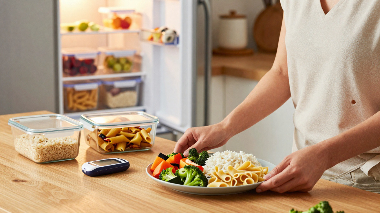 Pessoa a segurar prato com comida saudável junto a mesa de cozinha com alimentos e aparelho de medição de glicose.