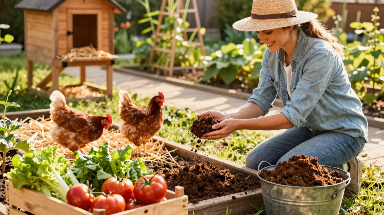 Mulher a cultivar legumes num jardim com galinhas e uma cabana para galinhas ao fundo.