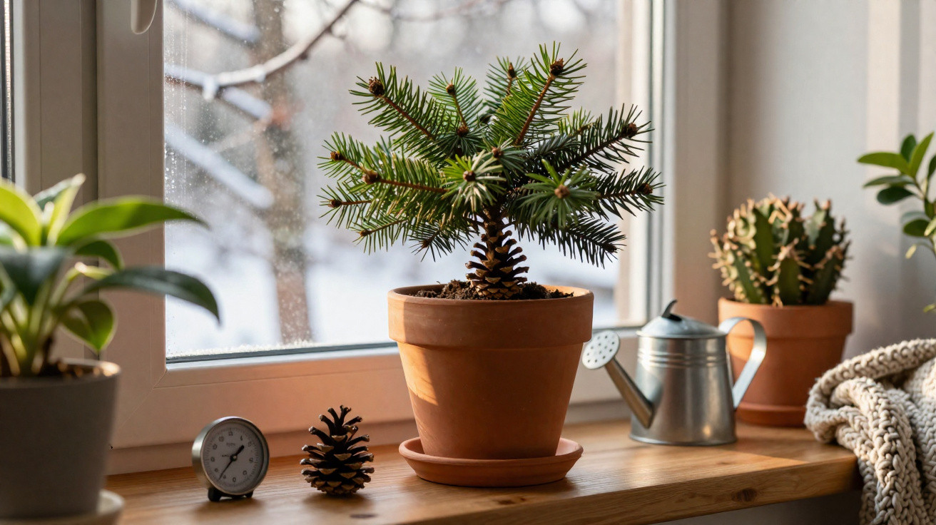 Vaso com pinheiro pequeno, cone de pinho, regador metálico e cactus numa janela com vista de inverno.