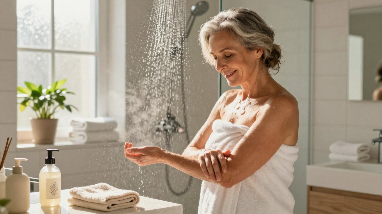 Mulher adulta com toalha tomando duche, sorriso tranquilo, em casa luminosa e moderna.