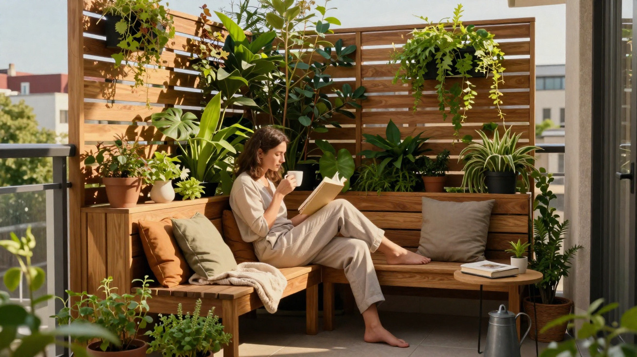 Mulher sentada num banco de madeira numa varanda cercada por plantas, a ler um livro e beber chá.