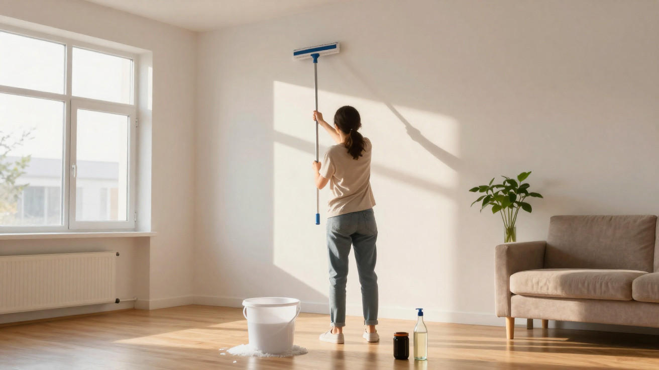 Pessoa a limpar parede branca com rodo numa sala iluminada, com sofá, planta e balde no chão.