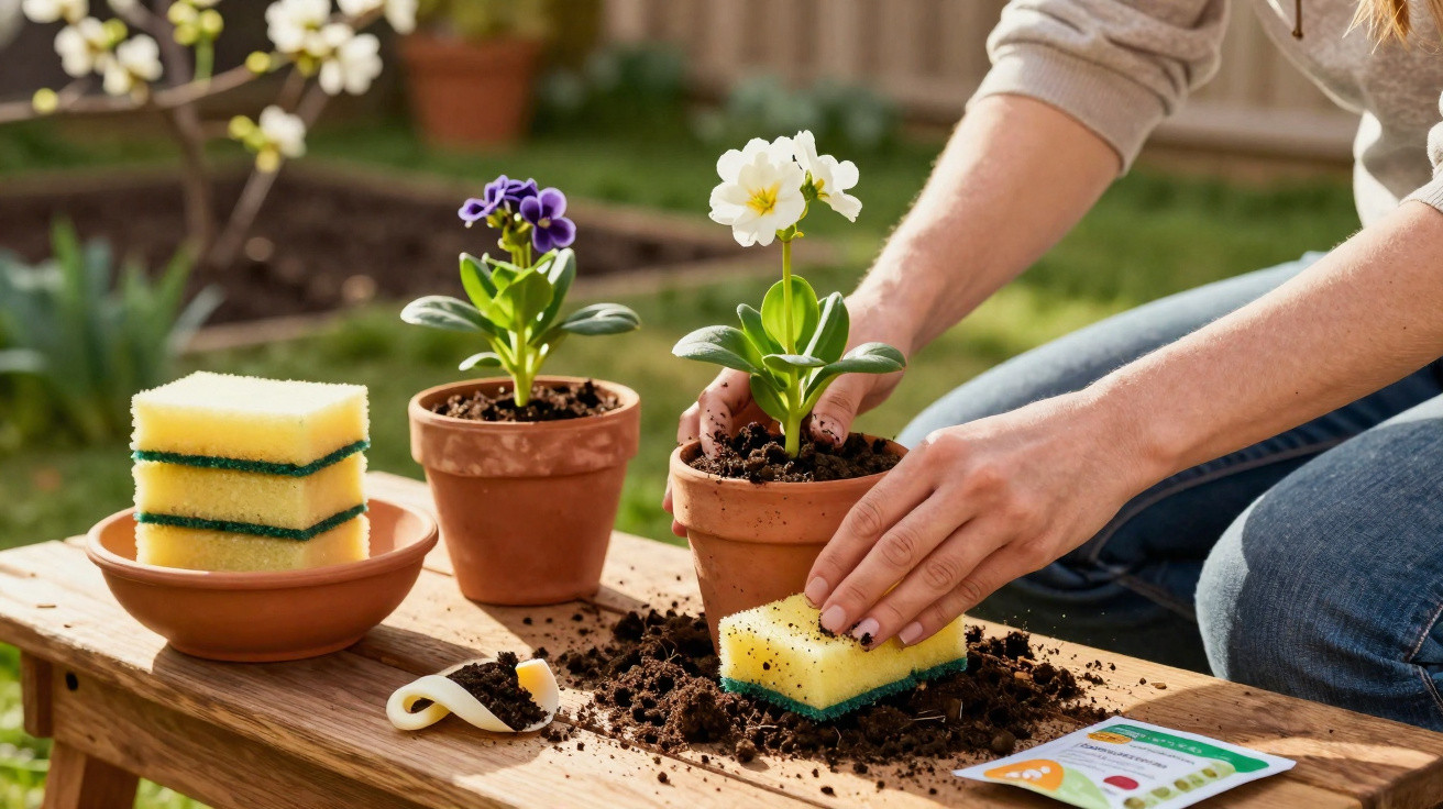 Pessoa a limpar terra de vaso com esponja, plantas floridas em vasos de barro sobre mesa exterior de madeira.