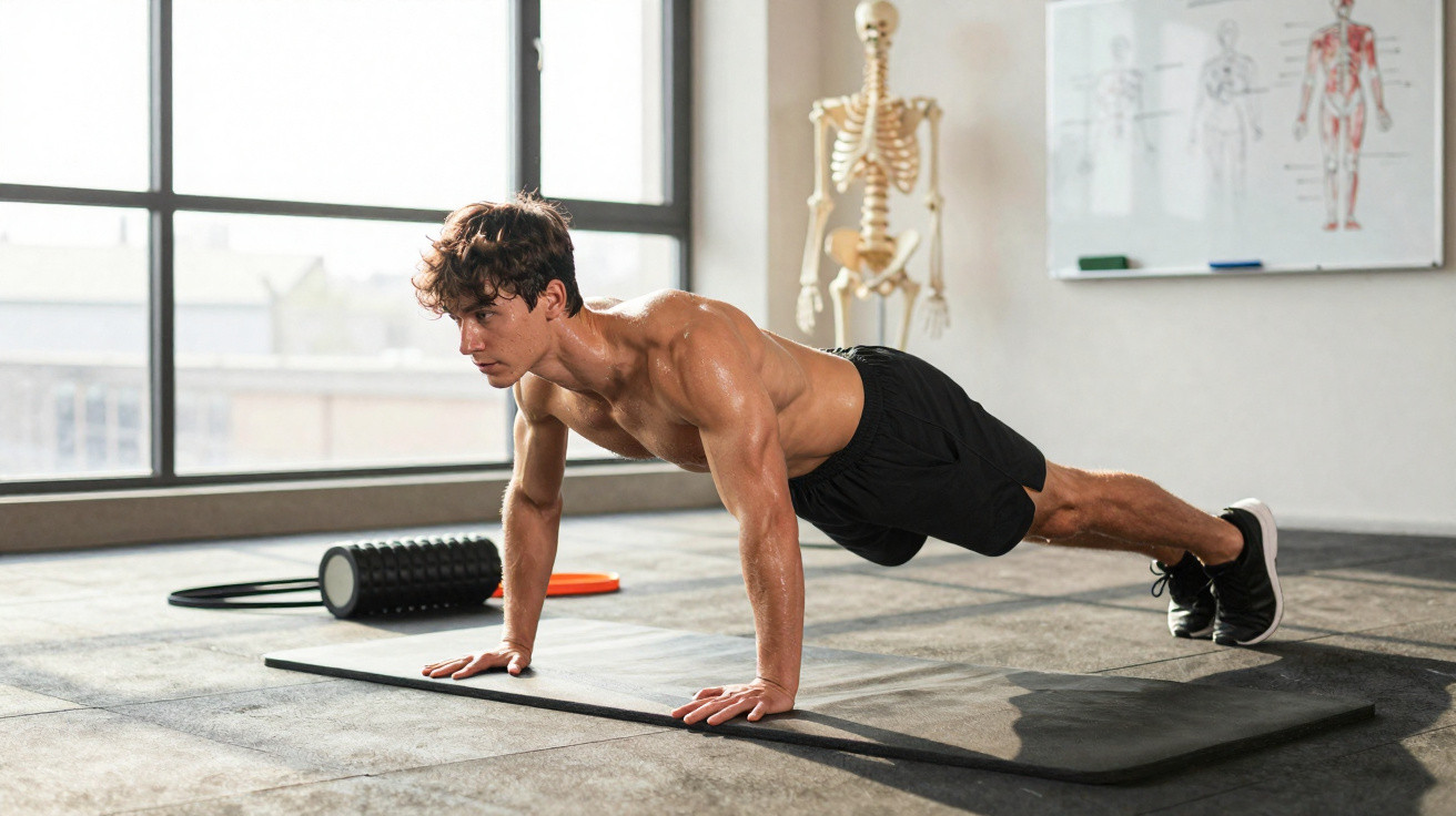 Homem musculado a fazer flexão no chão de um ginásio com esqueleto e quadro anatómico ao fundo.