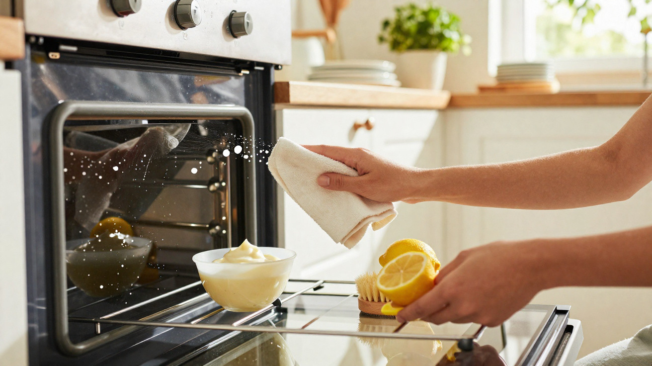Pessoa a limpar o interior de um forno com um pano e limão, com um recipiente de creme na porta do forno.