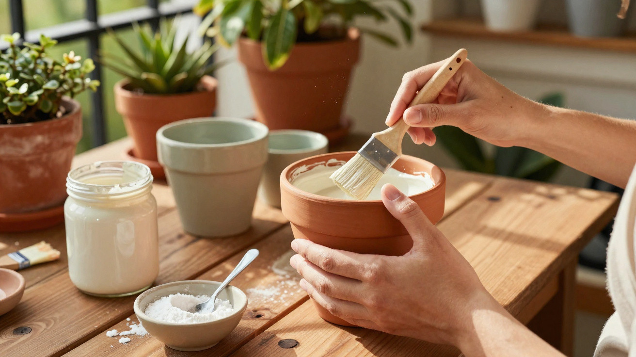 Pessoa a pintar vaso de barro com pincel, rodeada de plantas e materiais de jardinagem numa mesa de madeira.