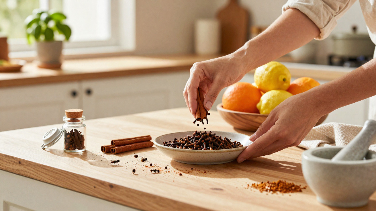 Mãos seguram cravinhos sobre prato com especiarias numa cozinha com frutos e ervas na bancada.