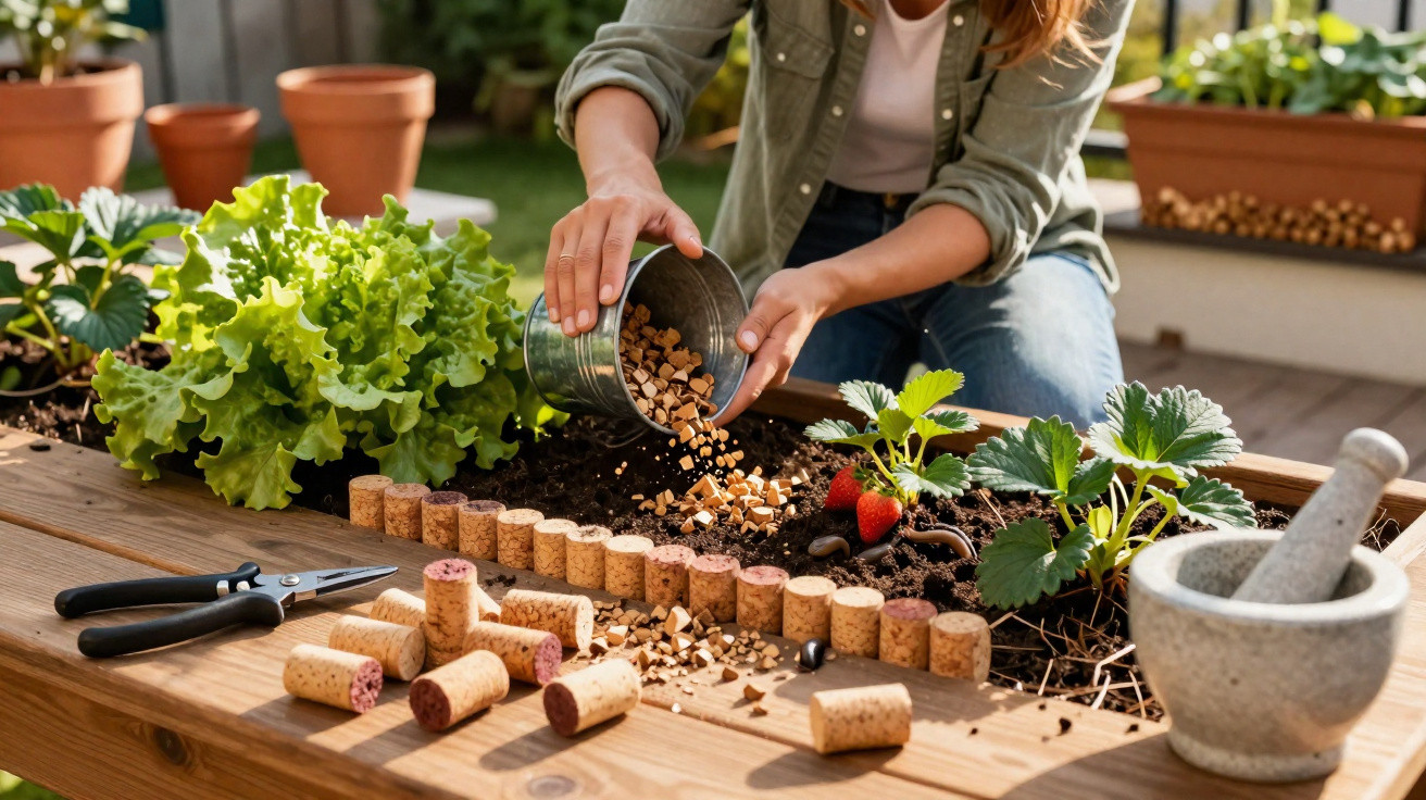 Pessoa a cuidar de uma horta urbana com morangos, alface e utensílios de jardinagem numa mesa de madeira.