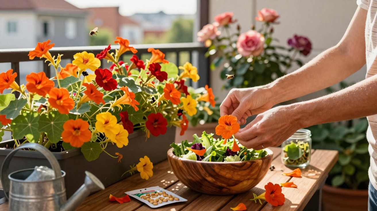 Pessoa a colocar flor laranja comestível numa salada em vaso com flores coloridas ao sol numa varanda.