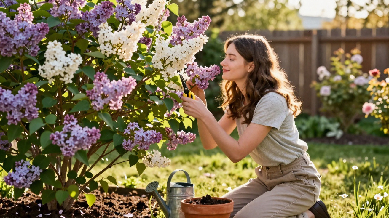 Mulher a cuidar e cheirar flores lilases brancas e roxas num jardim ao ar livre em dia ensolarado.