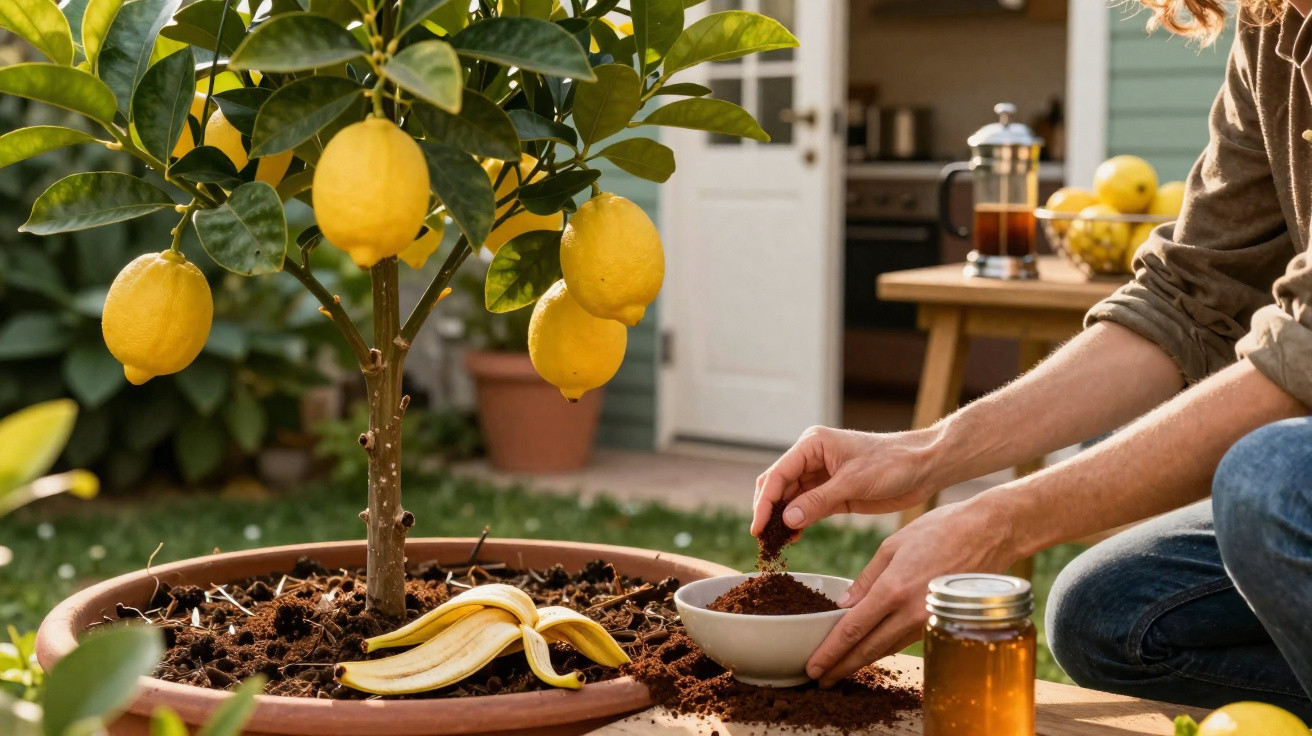 Pessoa a mexer terra num vaso com limoeiro e banana descascada numa varanda ou jardim.