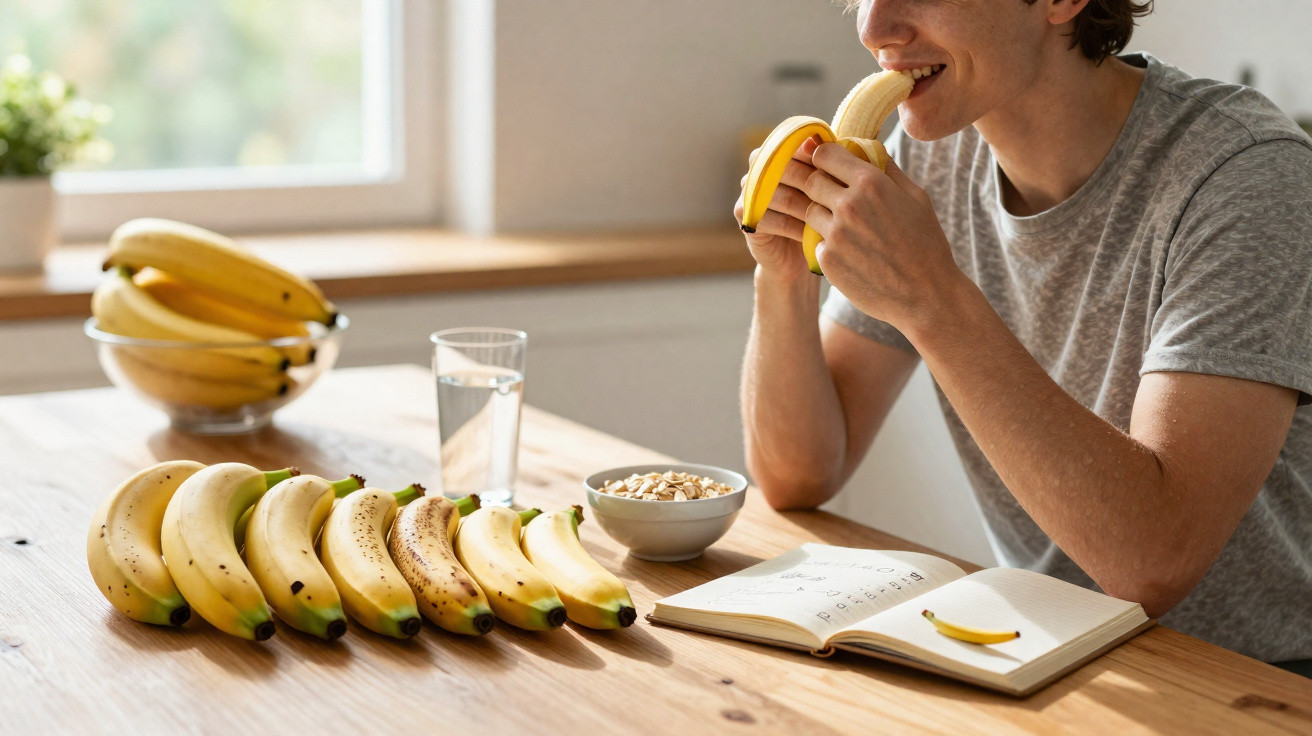 Pessoa a comer banana sentada à mesa com várias bananas, um copo de água, uma tigela e um caderno aberto.