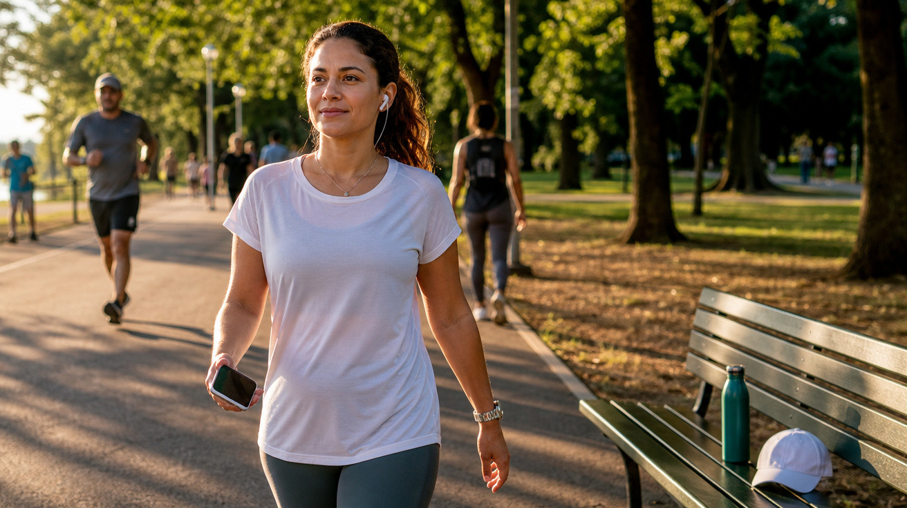 Mulher a caminhar num parque ensolarado, usando auriculares e a segurar um telemóvel na mão.