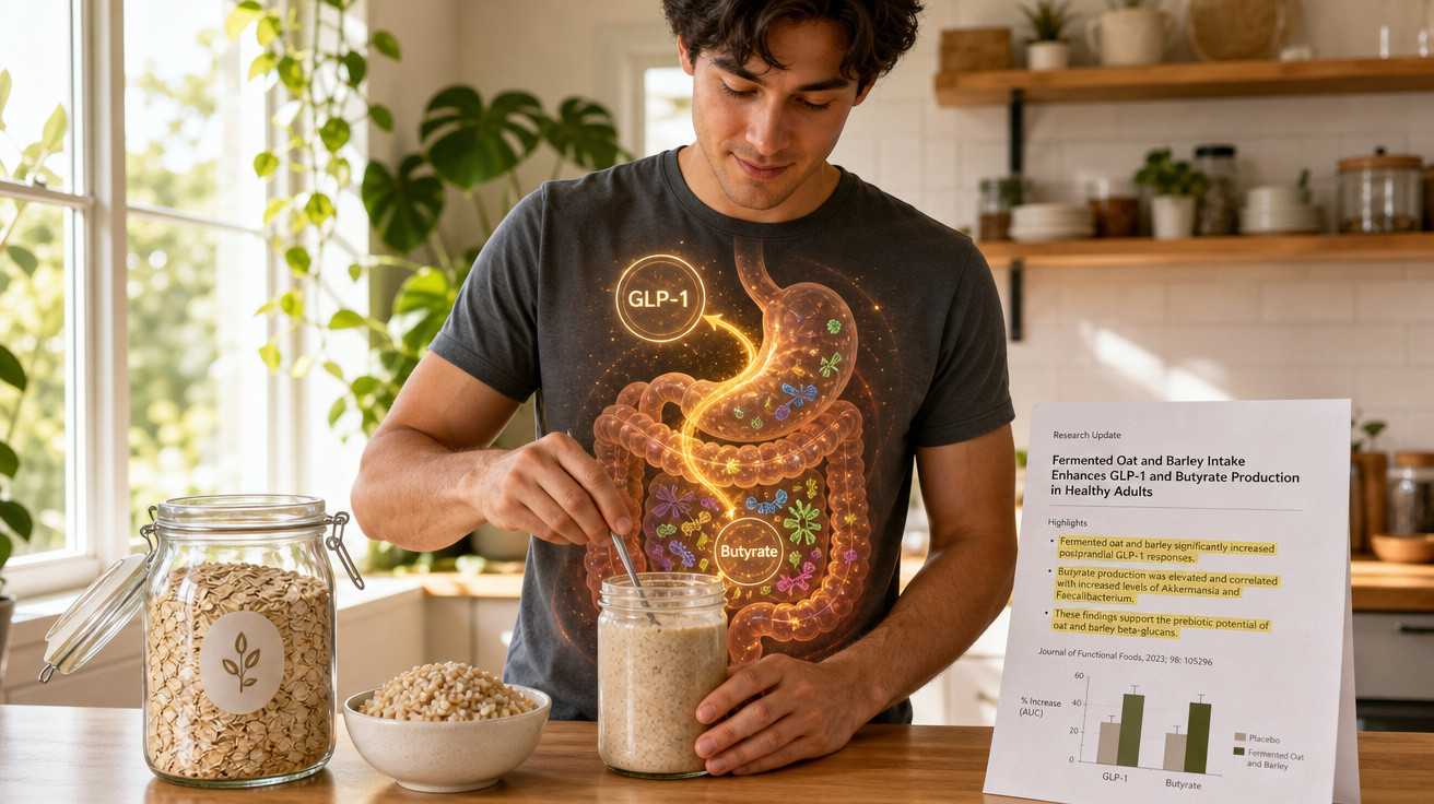 Homem a preparar papas de aveia numa cozinha luminosa com ilustração do sistema digestivo sobreposta na imagem.
