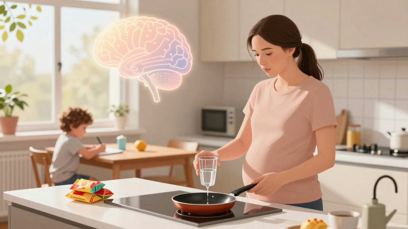 Mulher grávida a verter água numa frigideira numa cozinha, criança a pintar ao fundo e ilustração de cérebro.