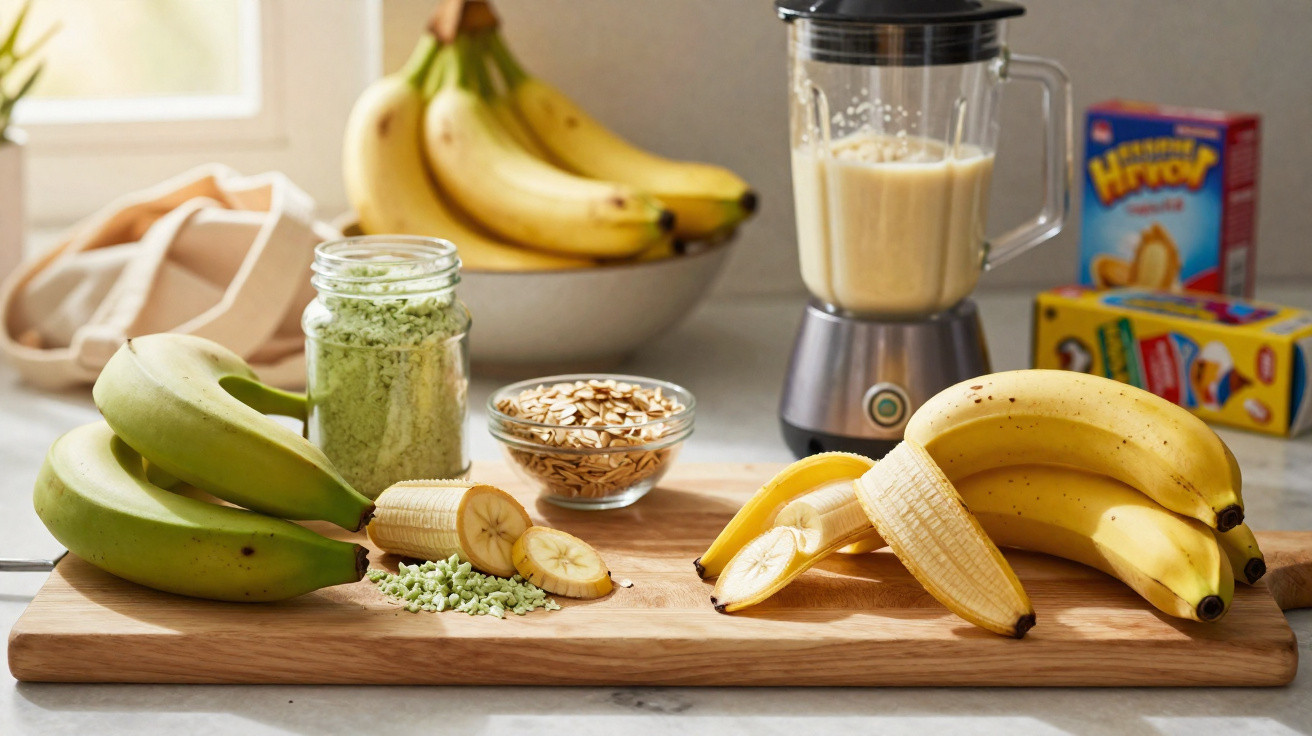 Bananas maduras e verdes, aveia, proteína em pó e liquidificador numa bancada de cozinha.