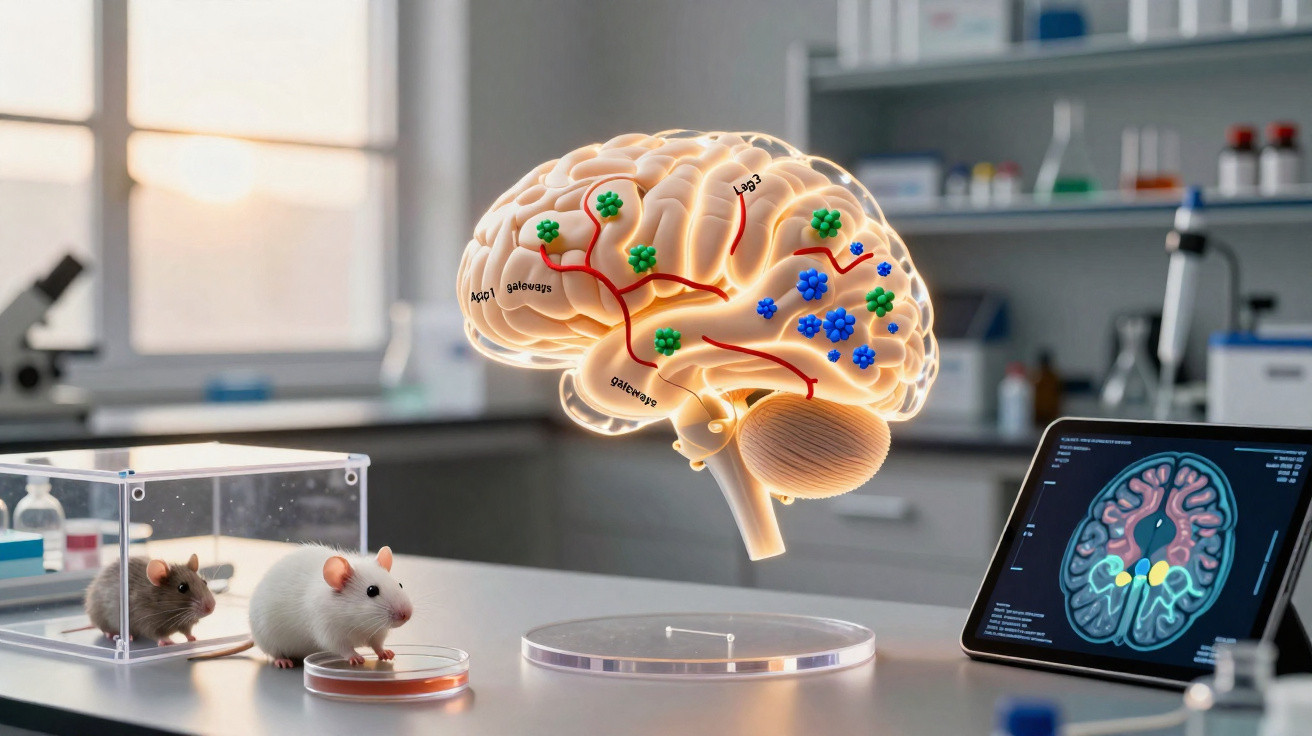 Laboratório com rato, modelo 3D de cérebro e ecrã a mostrar imagem cerebral em fundo desfocado.